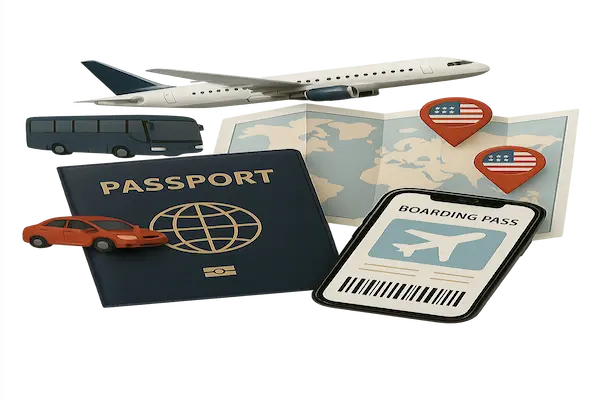 Pasaporte y teléfono con boarding pass en aeropuerto, representando los primeros días en USA