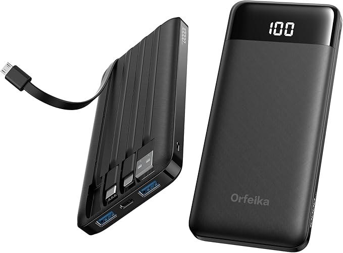 Orfeika 10000mAh Portable Power Bank (Built‑in Cables)