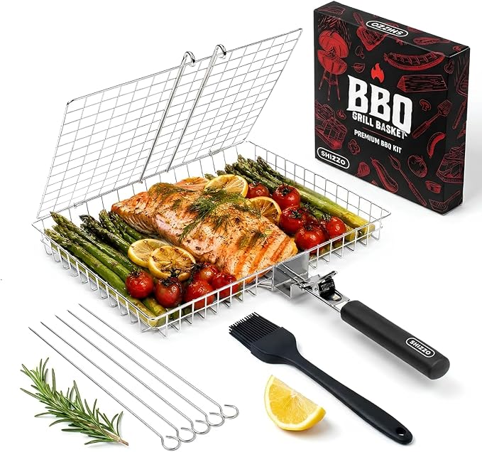 BBQ Grill Basket Set Folding Stainless Steel • Fish & Veggies